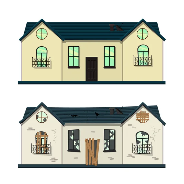 Casa Andar Antes Depois Reparo Estilo Dos Desenhos Animados Ilustração — Vetor de Stock