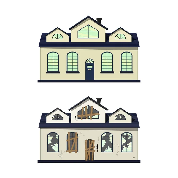 Einstöckiges Haus Vor Und Nach Der Reparatur Cartoon Stil Vektorillustration — Stockvektor