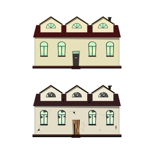 Einstöckiges Haus Vor Und Nach Der Reparatur Cartoon Stil Vektorillustration — Stockvektor