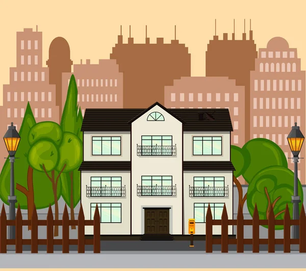 City Street New One Story House Cartoon Style Vector Illustration — Stock Vector