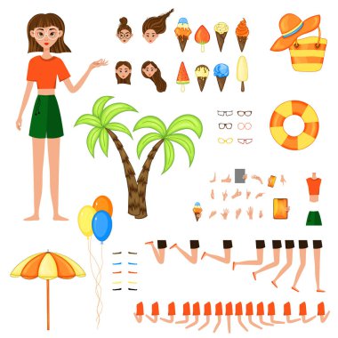 Yaz temalı bir kadın karakteri olan bir inşaatçı. Çizgi film tarzı. Vektör illüstrasyonu