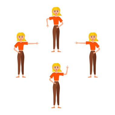İş kadını karakter tasarımı seti. Kız elini ve işaret parmağını gösteriyor. Vektör illüstrasyonu