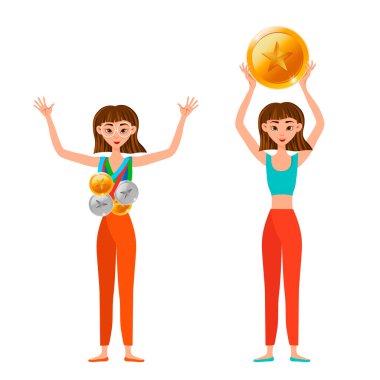 Altın, gümüş ve bronz madalyaları beyaz arka planda olan kazanan kadın. Vektör