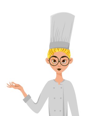 Bir grup kadın karakter. Kadın aşçı eli yana doğru gösterir. Vektör illüstrasyonu