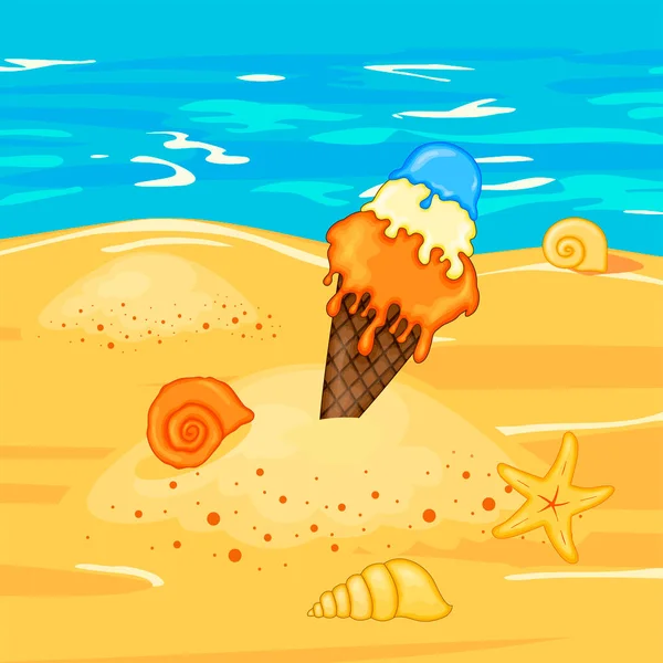 Crème glacée sur la plage près de l'eau. Collection de dessins animés d'été en vecteur. — Image vectorielle
