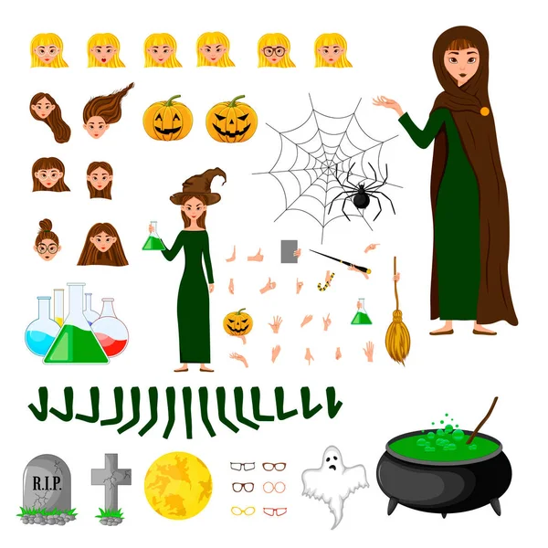 Halloween Építő Készlet Női Karakterek Ünnepi Tulajdonságokkal Rendelkező Lány Vektorillusztráció — Stock Vector