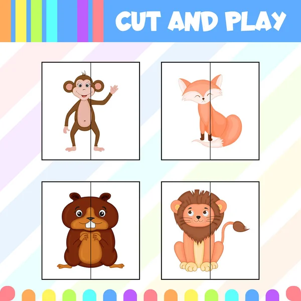 孩子们的游戏剪接和玩可爱动物的图片 卡通风格 矢量说明 — 图库矢量图片