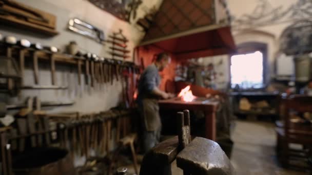 Interior de la forja y maestro en el trabajo — Vídeos de Stock