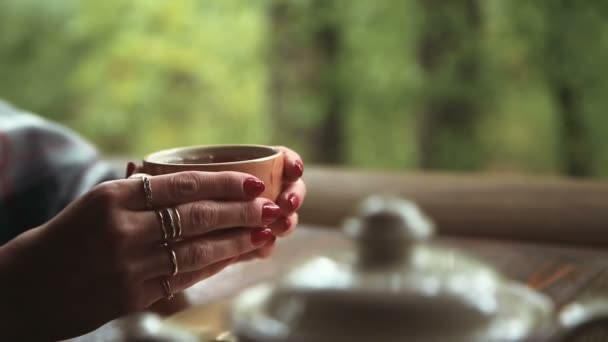 Das Mädchen bringt die Tasse und trinkt Tee in Nahaufnahme — Stockvideo