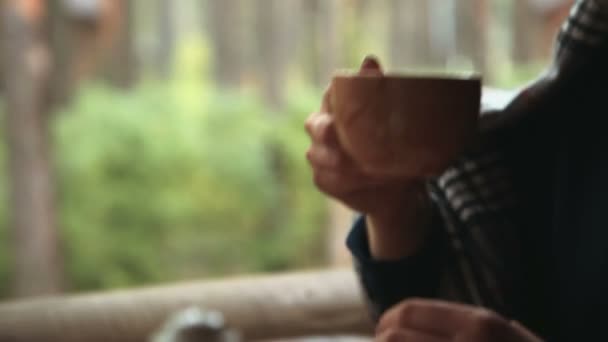 A lány hozza a kupát, és italok, tea Vértes — Stock videók