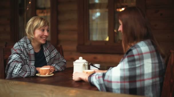 Meisjes praten en drinken hun thee Porselein theepot — Stockvideo