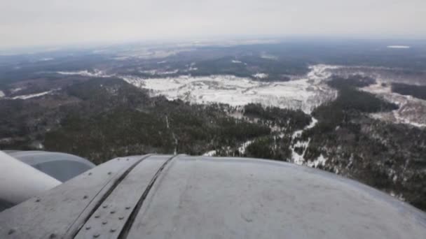 La vista desde el helicóptero en un bosque de nieve de invierno — Vídeo de stock