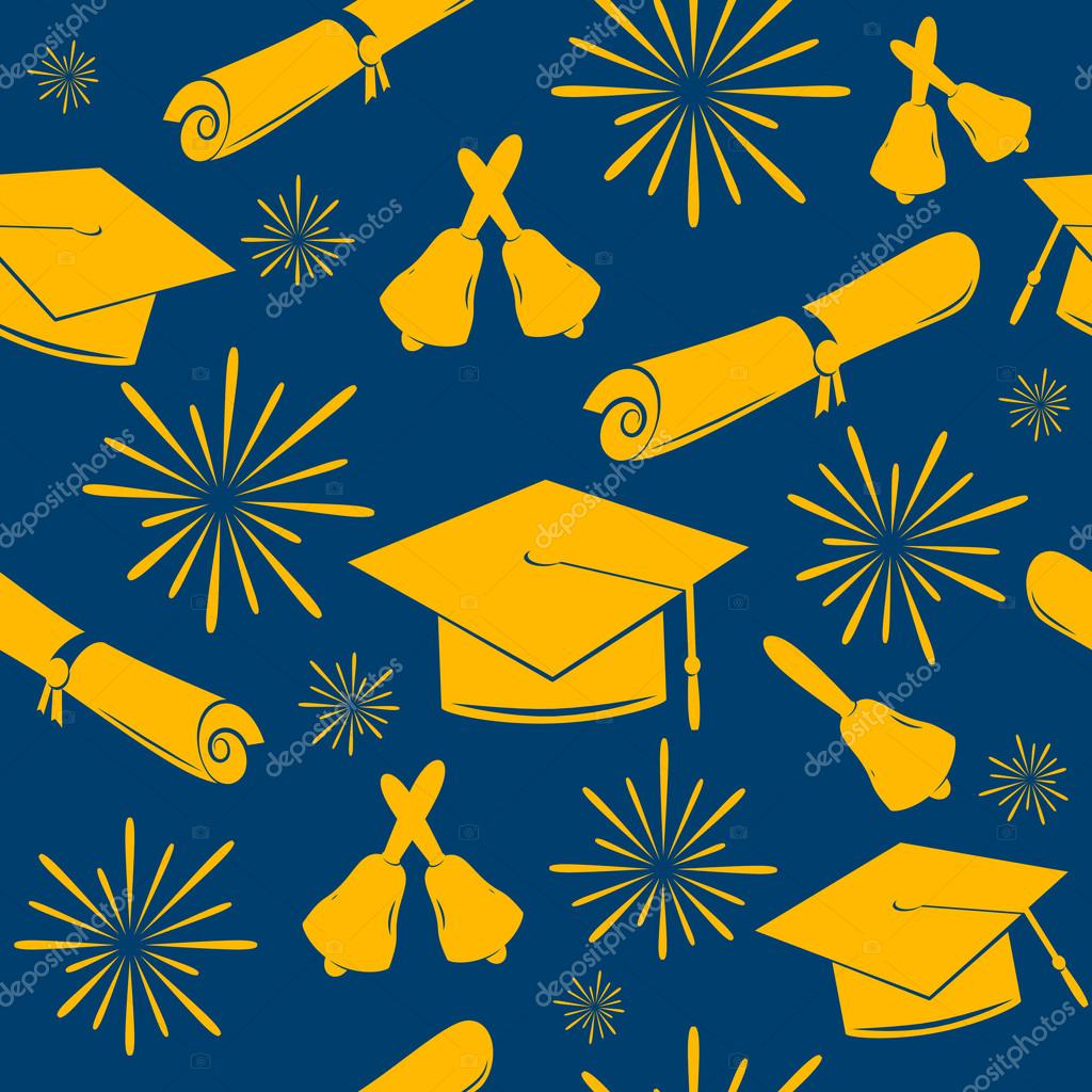 Seamless graduations backdrop of graduation caps, bells and diplomas.  Graduate pattern. Celebration background. Stock Vector Image by  © #108946940
