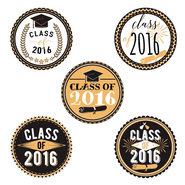 卒業イベント、パーティー、高校または大学卒業生のバッジをベクトルします。コレクションの装飾ラベルを印刷します。2016 年のクラス。セット卒業式ステッカー. — ストックベクタ