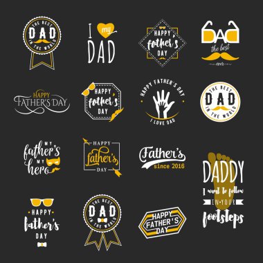 Mutlu Babalar günü bindirmeleri istiyor, yazı etiketleri kümesi tasarlayın. Retro baba rozetleri. Kravat, bıyık, gözlük, el ile çizilmiş Amblemler ver. İzole işareti veya logo için web, tebrik fotoğraf yazdırma.