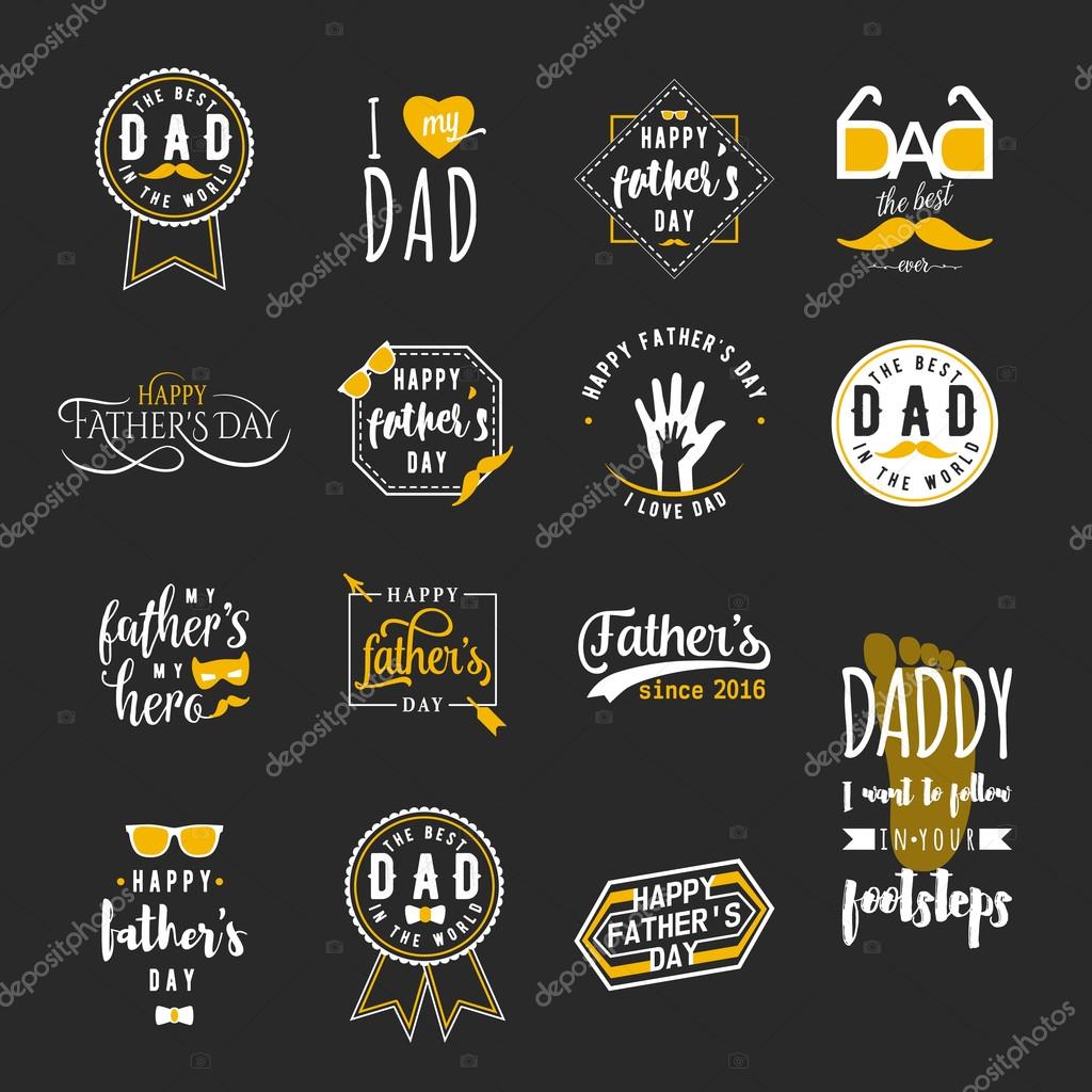 Happy fathers day wishes overlays, lettering labels design set. Retro father badges. Hand drawn emblem with tie, mustache, glasses, hand. Isolated. Fathers Day sign or logo for photo overlays design