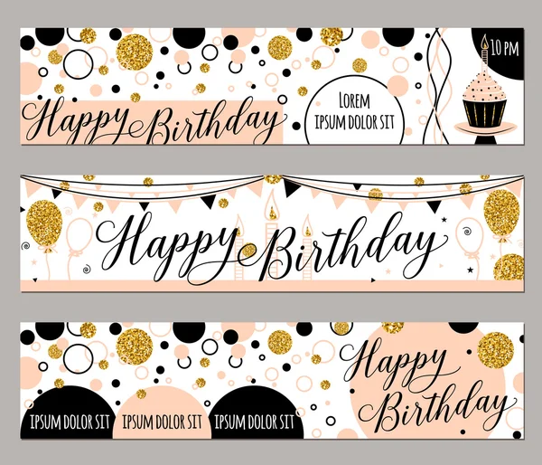 Vector εικονογράφηση χαρούμενα γενέθλια κάρτες. Μόδα φόντο με cupcake, μπαλόνι, χρυσό αστράφτει. Χρυσή στοιχεία αφίσα. Οριζόντια πανό — Διανυσματικό Αρχείο