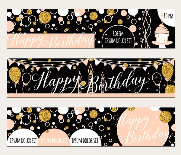 Illustrazione vettoriale dei biglietti di auguri. Sfondo moda con cupcake, palloncino, scintille d'oro. Manifesto di elementi dorati. Bandiere orizzontali — Vettoriale Stock