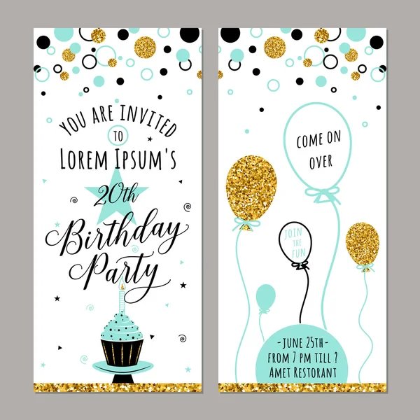 Ilustración vectorial de invitación de cumpleaños. Cara y espalda. Fondo de la fiesta con cupcake, balón, destellos de oro. Cartel de elementos dorados. Banner vertical — Vector de stock