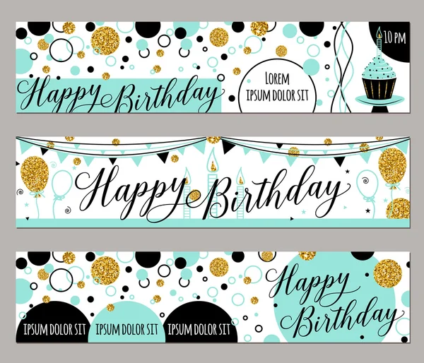 Vectorillustratie van gelukkige verjaardagskaarten. De achtergrond van de mode met cupcake, ballon, gouden sparkles. Gouden elementen poster. Horizontale banners — Stockvector