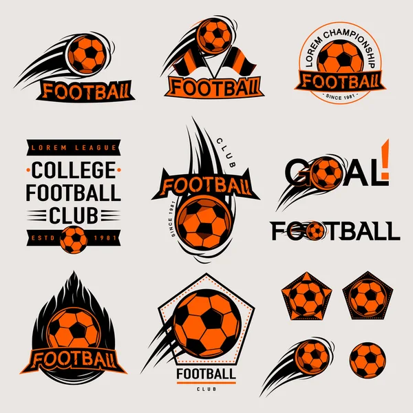 Набір кольорових вінтажних, сучасних та ретро логотипів, етикетки футбольний матч, клуб, знак Мета, футбольний м'яч. Текст спортивної типографії, іконки, старі емблеми. Векторні ілюстрації легко змінити — стоковий вектор