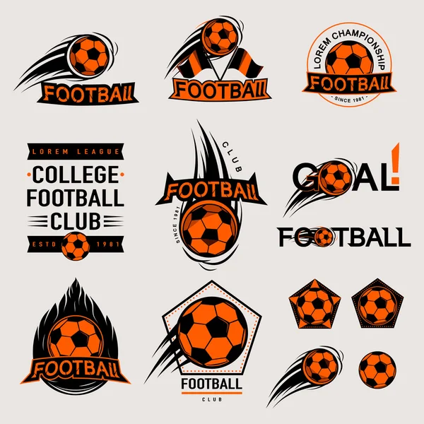 Set von farbigen vintage, modern und Retro-Logo Abzeichen, Etiketten Fußballspiel, Verein, Zeichen Tor, Fußball. Sport Typografie Text, Symbole, alte Embleme. Vektorabbildung leicht geändert — Stockvektor