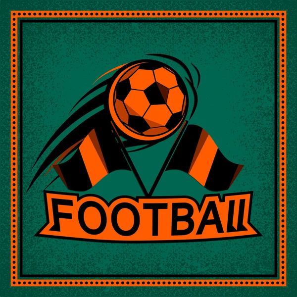 Color vintage y retro logotipo de la insignia, etiqueta juego de fútbol con balón de fútbol volador. Tipografía deportiva signo de texto, icono, emblema antiguo. Uso para impresión o web — Vector de stock