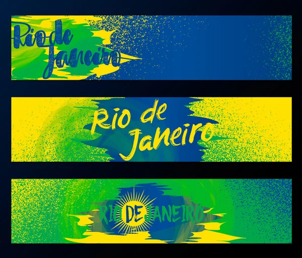 Rio de Janeiro 2016, horizontale banners, poster sjabloon set geïsoleerd op zwarte achtergrond met rubber, vlek uitstrijkjes op kleur van de vlag van de brazal. Gebruik voor het web, afdrukken. — Stockvector