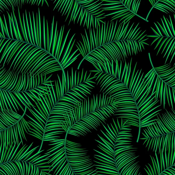 Illustrazione vettoriale retrò di esotico modello tropicale senza soluzione di continuità con cartoni animati foglie di palma luminose isolate su sfondo nero. Pianta trendy sfondo infinito. Utilizzo per stampa, web — Vettoriale Stock