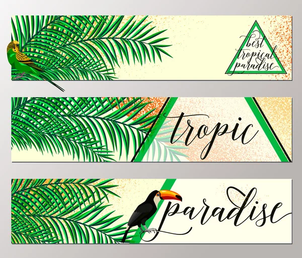 Ilustración vectorial de la colección de banners paraíso tropical con loro, tucán, hoja de palma, efecto grunge, signo de letras de verano en triángulo. Fondo de color creativo para diseño web o de impresión — Vector de stock