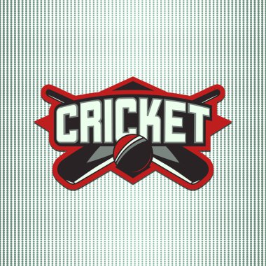 Vektör çizim kriket spor logosunun tipografi işareti ile top, yarasa ekibi, rekabet, açık renkli izole Şampiyonası için spor