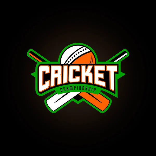Ilustração vetorial do logotipo do esporte de críquete com sinal de tipografia, bola, bastão esportivo para equipe, competição, campeonato isolado em fundo claro — Vetor de Stock