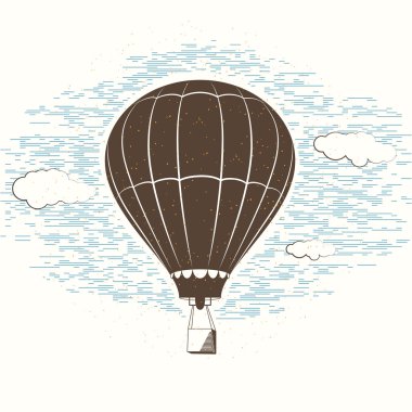 Retro desenli günlük vektör çizim arka plan balon, gökyüzü, bulutlar ile seyahat. Kartı, kartpostal, ışık zemin üzerinde izole işareti Vintage şablonu. Baskı veya web tasarım