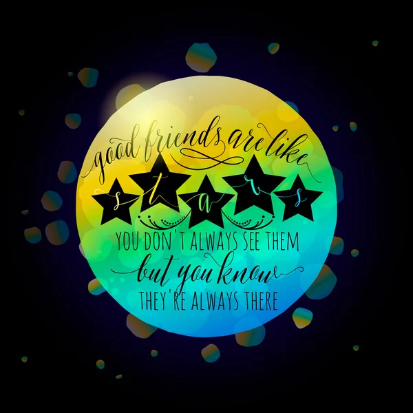 Ilustración vectorial de la tipografía del día de la amistad feliz diseño de moda sobre fondo negro con puntos de color áspero, estrellas, letras. Cita inspiradora sobre un amigo. Utilizado como tarjetas de felicitación, carteles — Vector de stock