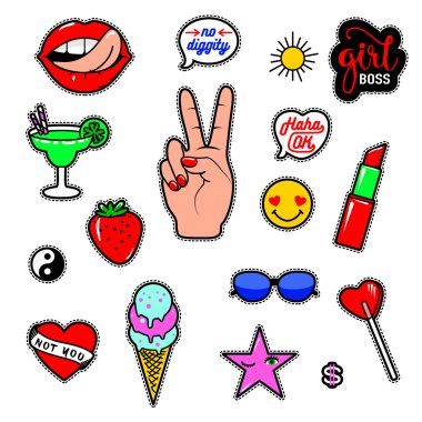 Vektör çizim moda eğlenceli yama dudaklar, ruj, kalp, el, konuşma balonları, diğer ile sopa