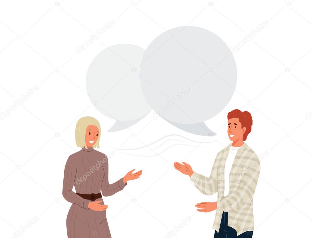 Couple people talking vector background. Young couple man and woman laughing and communicate. Speech bubble over characters. Illustration communication between human in modern flat cartoon style