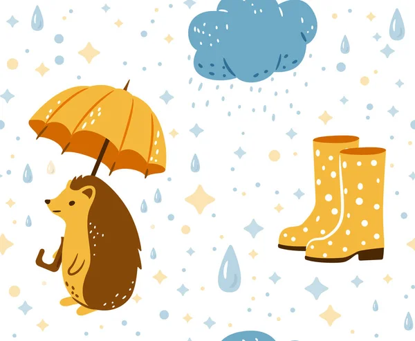 Büyük sarı şemsiye, mavi bulutlar ve benekli sarı lastik çizmeler tutarak yağmurun altında yürüyen mutlu kirpi ile sonbahar kusursuz desenli vektör arka planı — Stok Vektör