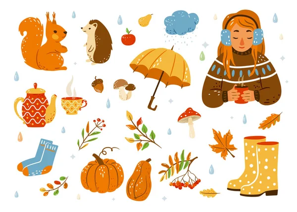 Herfst gezellige vector illustratie set. Leuke cartoon val sticker met eekhoorn, egel, lief meisje met hete thee, gele rubberen laarzen, sokken, theepot, eikel, paddestoel en andere — Stockvector