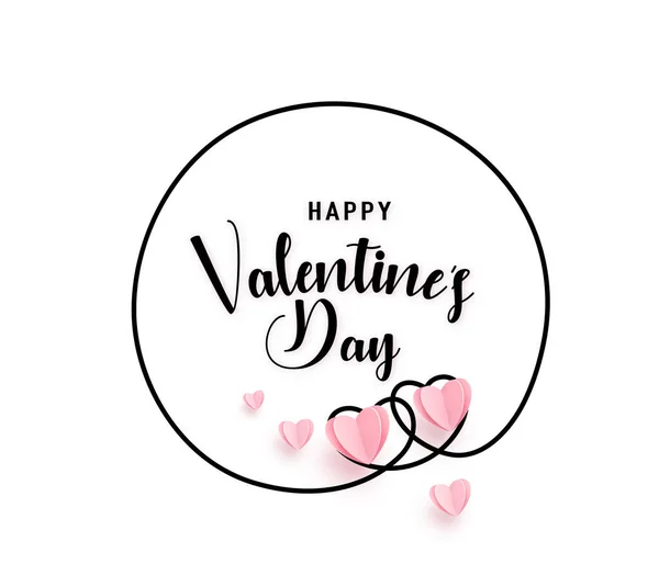 Continuous line heart round shape frame with realistic paper heart and greeting happy valentine day isolated on white background. Love border pattern for valentines, women, mother invitation design — Stock Vector