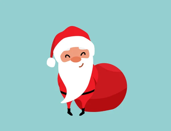 Embarrassed christmas Santa Claus holds his hands behind his back, hides a huge red bag of gifts. Winter holiday mood vector background — Stock Vector