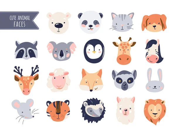 Cute animal baby faces set vector illustration. Hand drawn nursery characters collection for graphic, print, card or poster. Creative scandinavian funny kid design — Stock Vector