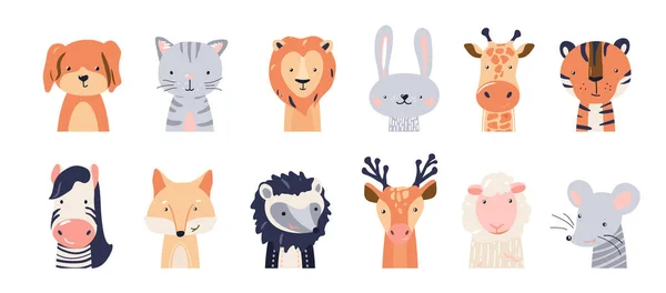 Lindo animal bebé caras conjunto vector ilustración. Colección de personajes infantiles dibujados a mano con gato, perro, león, tigre, jirafa, zorro, ciervo, erizo, oveja, ratón, conejo. Escandinavo divertido diseño de niño — Archivo Imágenes Vectoriales