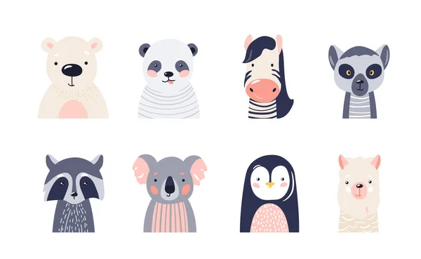 Schattige dieren baby gezichten set vector illustratie. Handgetekende kinderkamer personages collectie met ijsbeer, panda, zebra, wasbeer, maki, koala, pinguïn, lama. Noordse Scandinavische grappige kid design — Stockvector