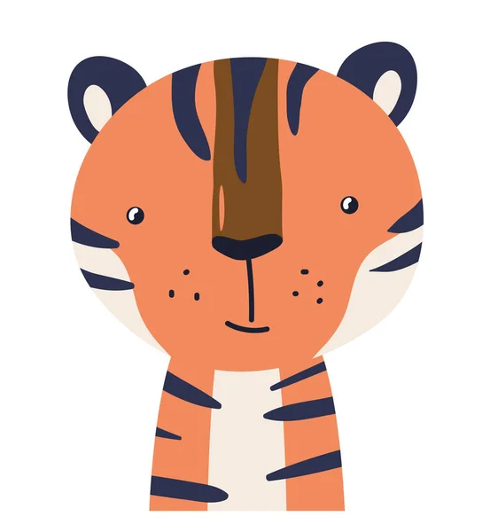 Tigre bonito animal bebê rosto vetor ilustração. Personagem de berçário estilo desenhado à mão. Escandinavo engraçado garoto design —  Vetores de Stock