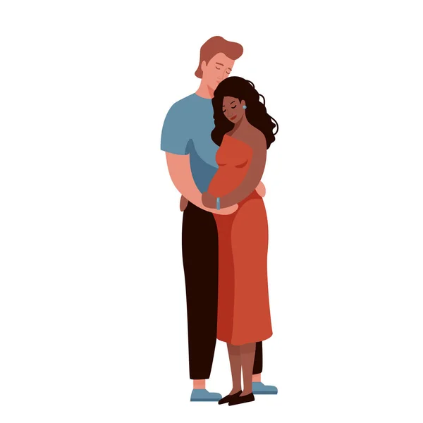 Fehér férfi ölelkezik és csókol terhes afro-amerikai nőt. Boldog fajok közötti családi pár vektor illusztráció. Férj és feleség koncepció. Fehér alapon elszigetelve — Stock Vector