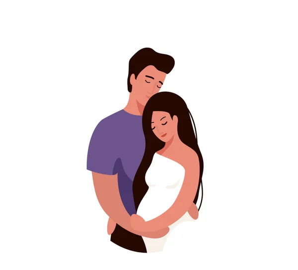 Homem abraçando e beijando mulher grávida. Família feliz casal ilustração vetorial. Conceito de marido e mulher. Isolado sobre fundo branco — Vetor de Stock