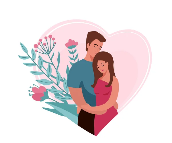 Homem abraçando e beijando mulher em fundo forma de coração com elementos florais. Família feliz casal ilustração vetorial. Conceito de marido e mulher. Isolado sobre fundo branco — Vetor de Stock