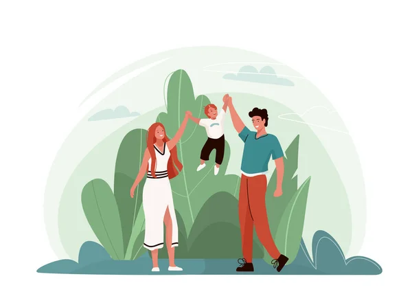 Szczęśliwy rodzinny wektor ilustracja z roślina, niebo. Matka i ojciec trzymają syna, przytulają, bawią się i uśmiechają, spędzają razem czas. Izolacja na białym tle — Wektor stockowy