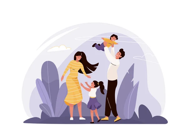 Счастливая семейная векторная иллюстрация с растениями, небо. Мать, отец, дочь и сын обнимаются, играют и улыбаются, проводят время вместе. Изолированный на белом фоне — стоковый вектор
