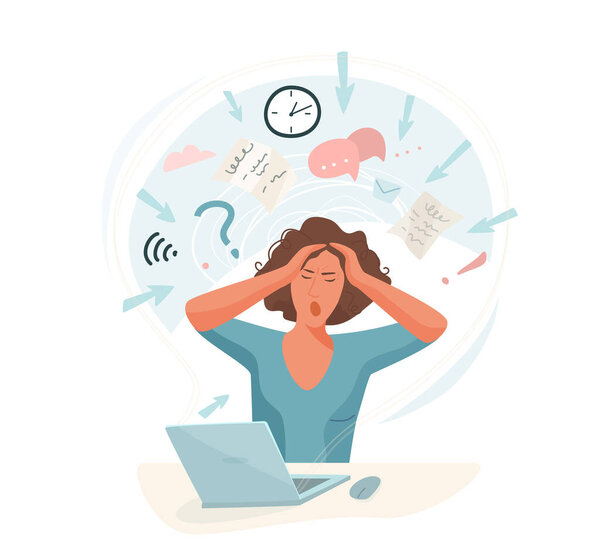Information overload vector illustration concept. Young woman sitting at table in front of computer and hold her head from info data stream pressure. Tangled minds, burnout design isolated on white